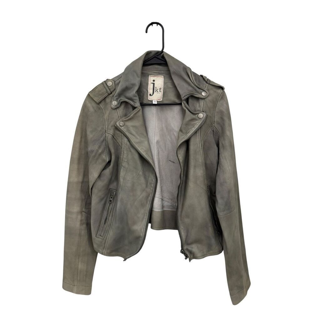 jkt Jackett NYC 100% Genuine Leather Moto Jacket Size Medium Green Zippers - Picture 8 of 8